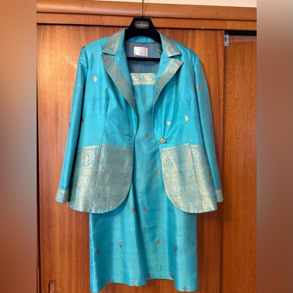 Elegant Women's Turquoise Silk Jacket & Dress Set